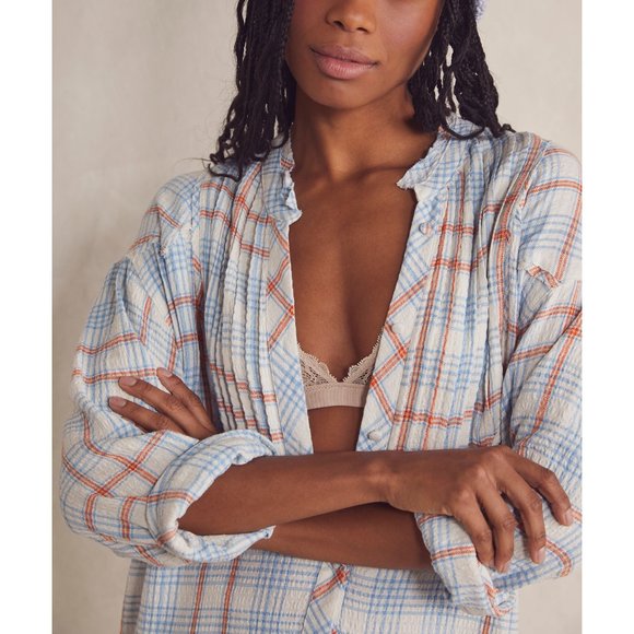 NWT Free People Plaid About You Sleep Top / Ivory Combo - Picture 3 of 5
